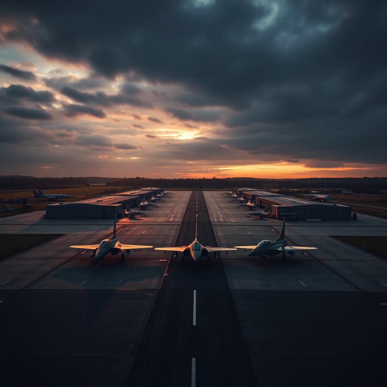 Base Aérienne 102 de Dijon — vue aérienne de la piste et des hangars au coucher du soleil
